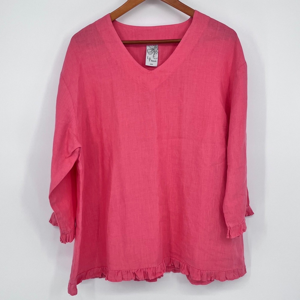 La Fixsun‎ Linen Tunic Top Pink Ruffle V Neck 3/4 Sleeve Lagenlook Resort